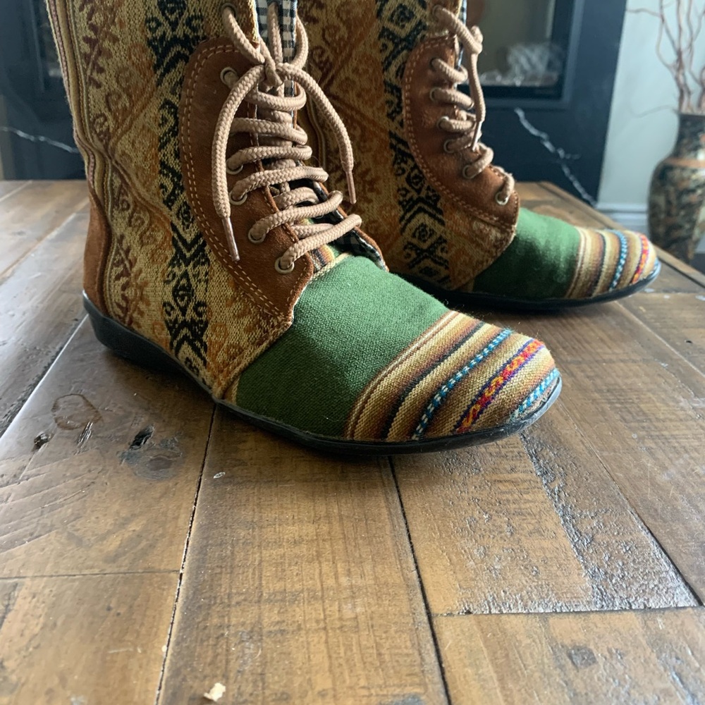 Bohemian Green and Brown Lace-Up Boots